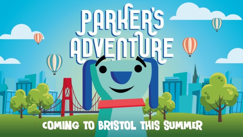 blue cartoon dog. Words: Parker's Adventure